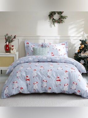 Light Blue Snowman Holiday Duvet Cover Set